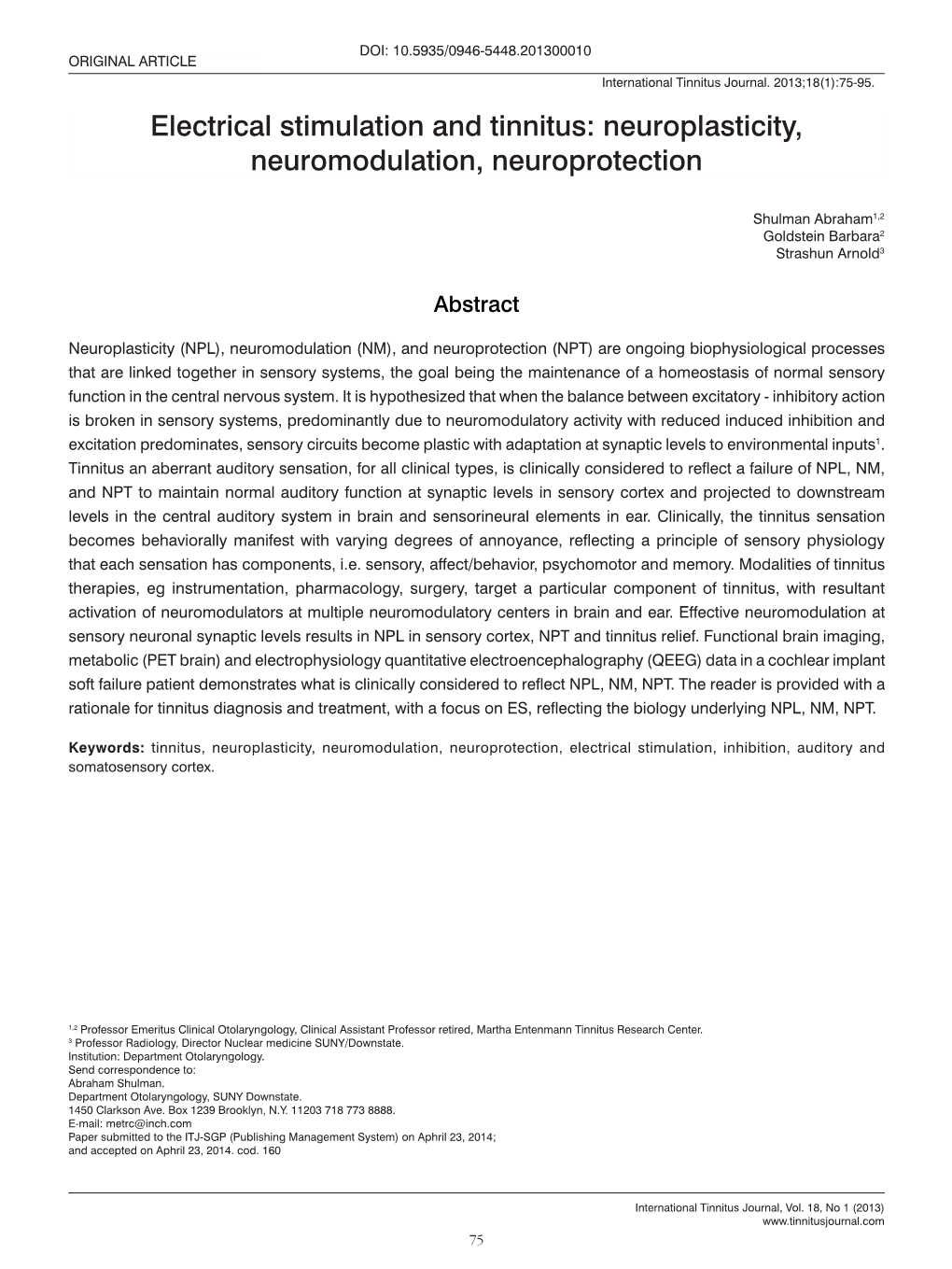 Electrical Stimulation and Tinnitus: Neuroplasticity, Neuromodulation, Neuroprotection