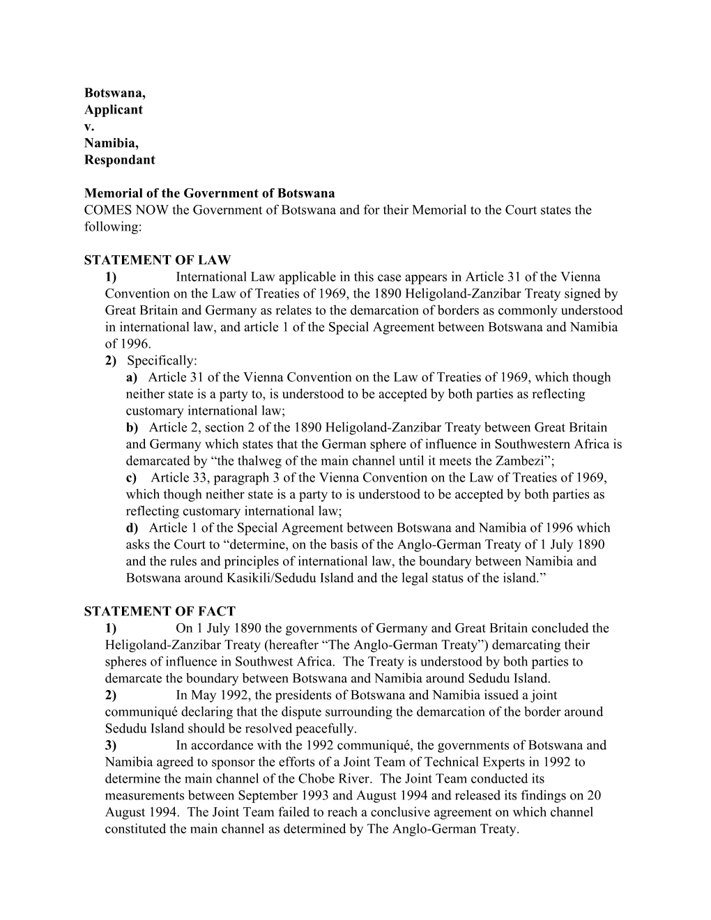 Botswana, Applicant V. Namibia, Respondant Memorial of The