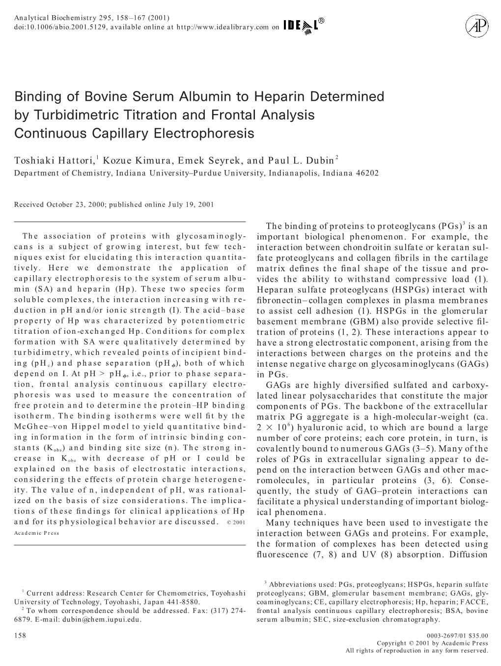 Binding of Bovine Serum Albumin to Heparin Determined by Turbidimetric Titration and Frontal Analysis Continuous Capillary Electrophoresis