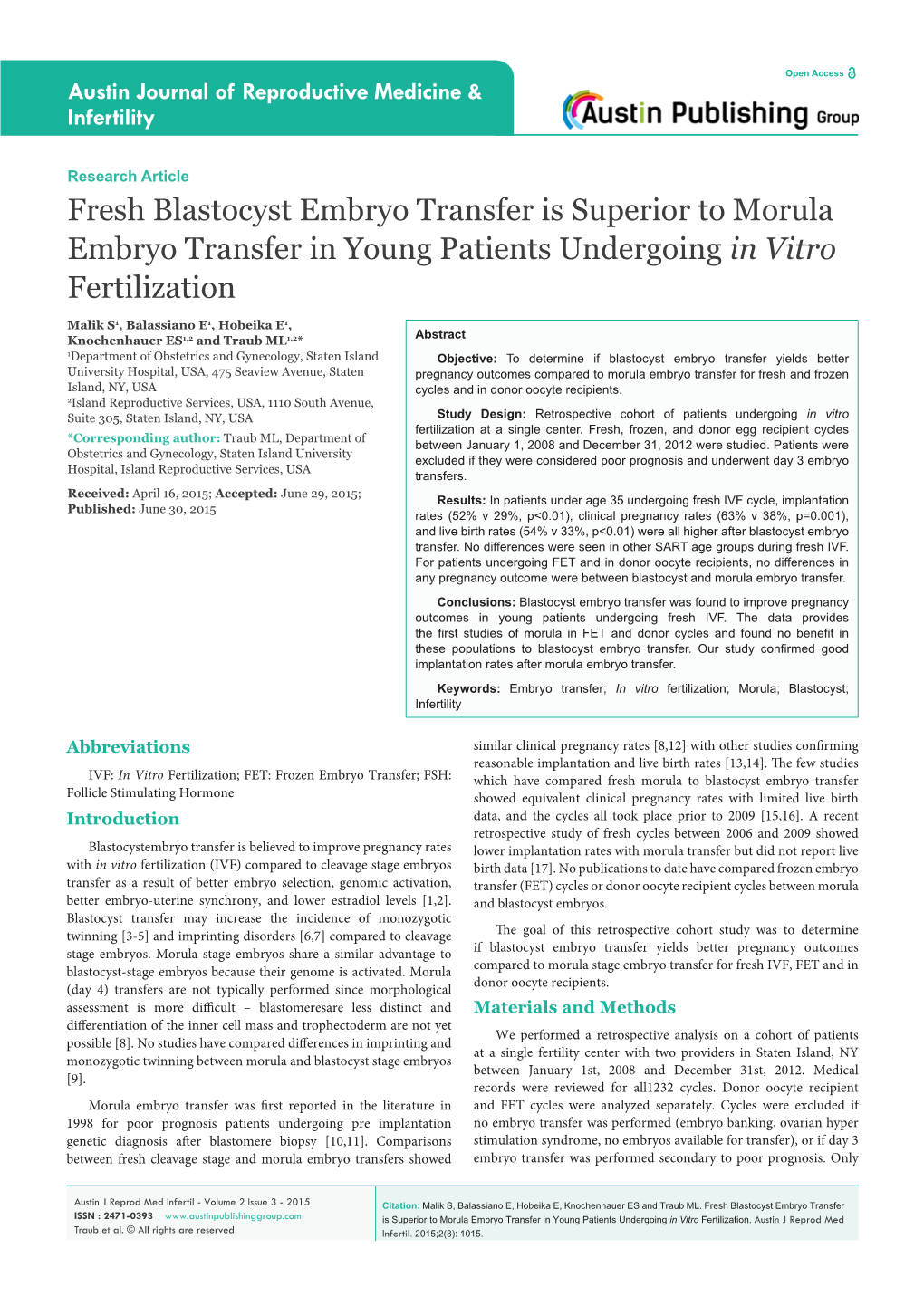 Fresh Blastocyst Embryo Transfer Is Superior to Morula Embryo Transfer in Young Patients Undergoing in Vitro Fertilization