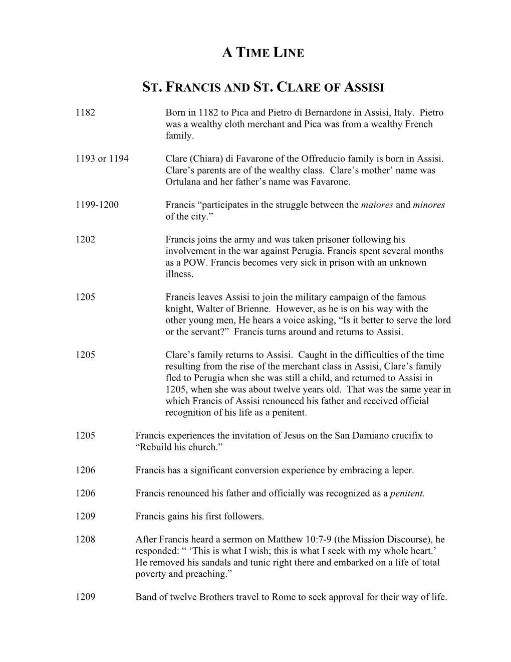 A Time Line St. Francis and St. Clare of Assisi