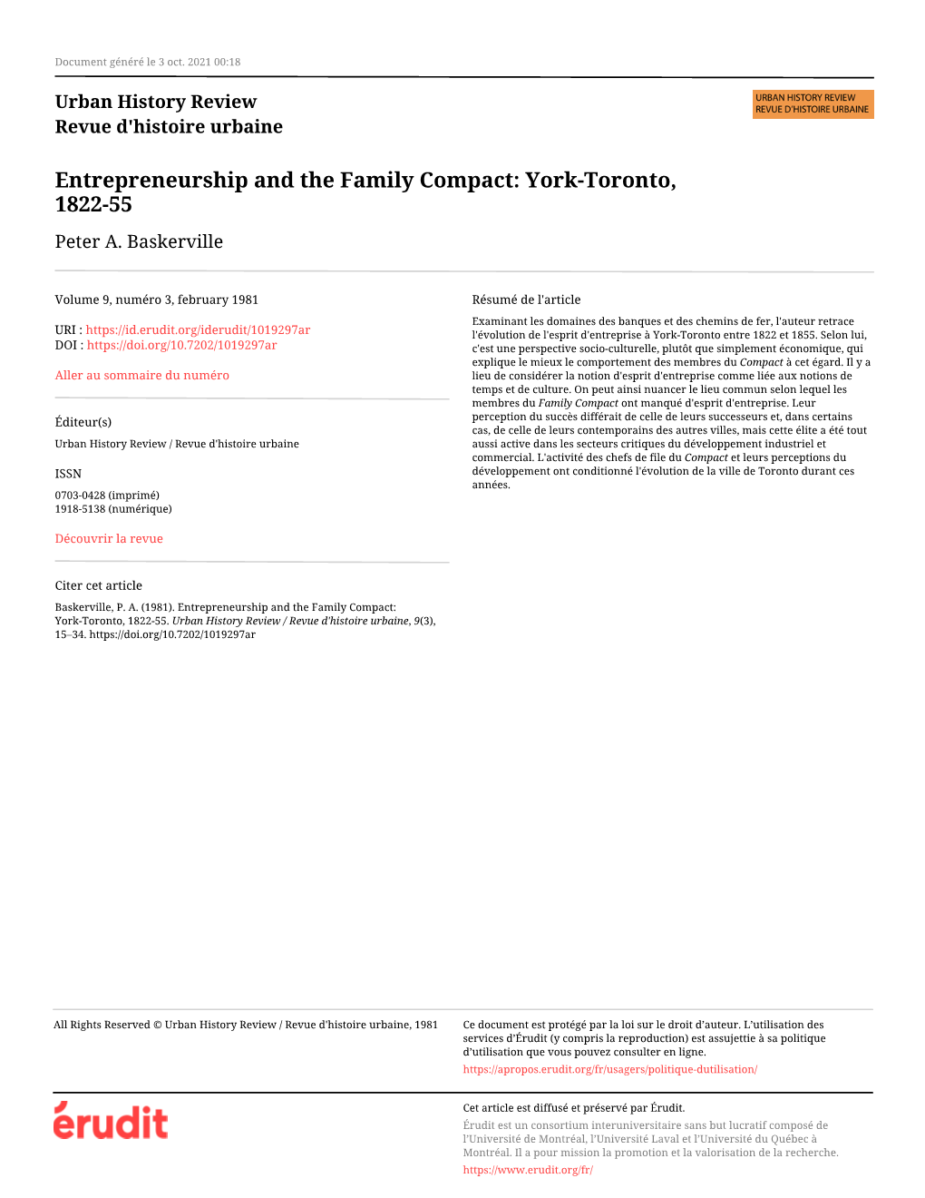 Entrepreneurship and the Family Compact: York-Toronto, 1822-55 Peter A