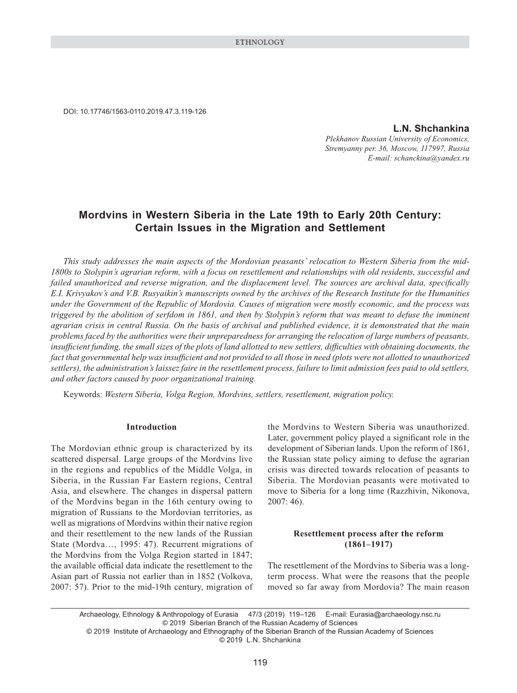 Mordvins in Western Siberia in the Late 19Th to Early 20Th Century: Certain Issues in the Migration and Settlement