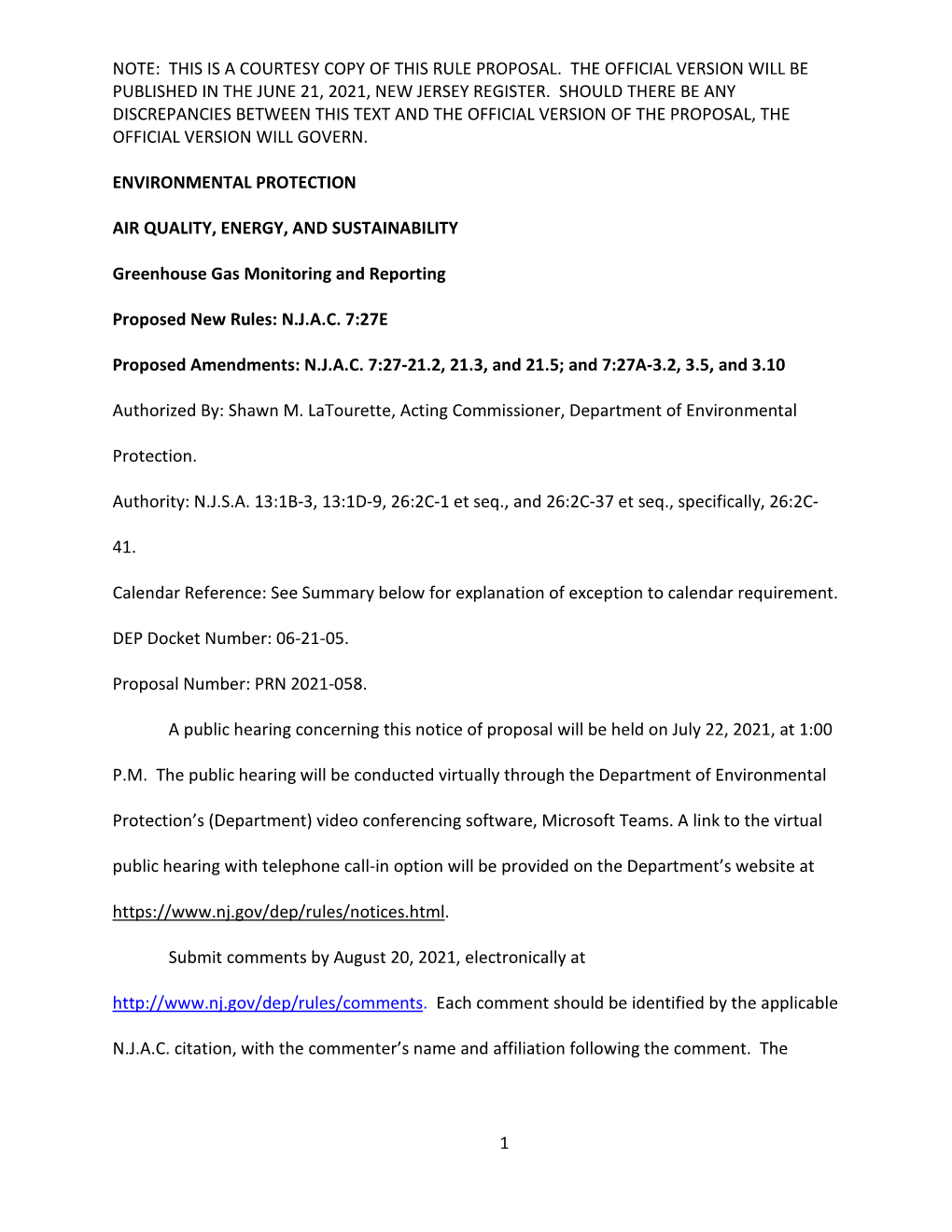 Note: This Is a Courtesy Copy of This Rule Proposal. the Official Version Will Be Published in the June 21, 2021, New Jersey Register