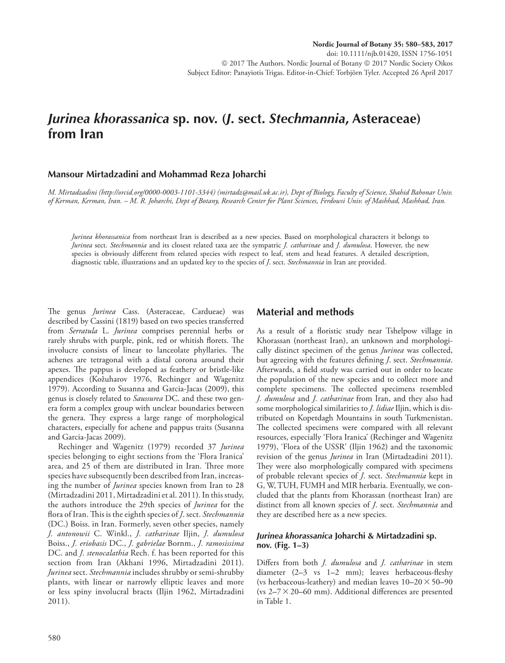 Jurinea Khorassanica Sp. Nov. (J. Sect. Stechmannia , Asteraceae) from Iran