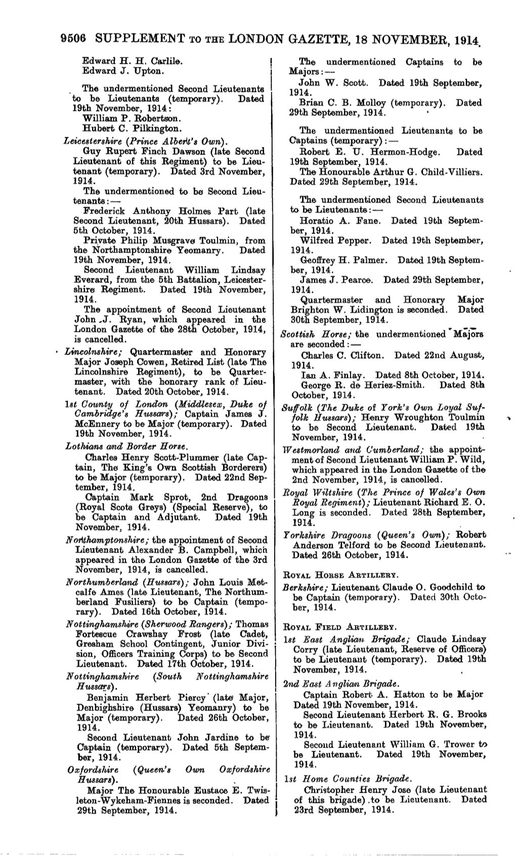 9506 Supplement to the London Gazette, 18 November, 1914