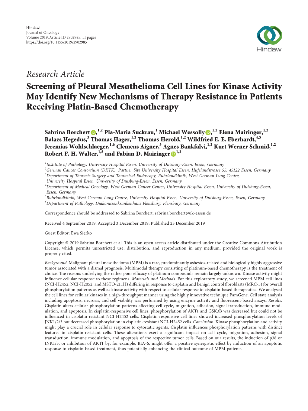 Screening of Pleural Mesothelioma Cell Lines for Kinase Activity May Identify New Mechanisms of Therapy Resistance in Patients Receiving Platin-Based Chemotherapy