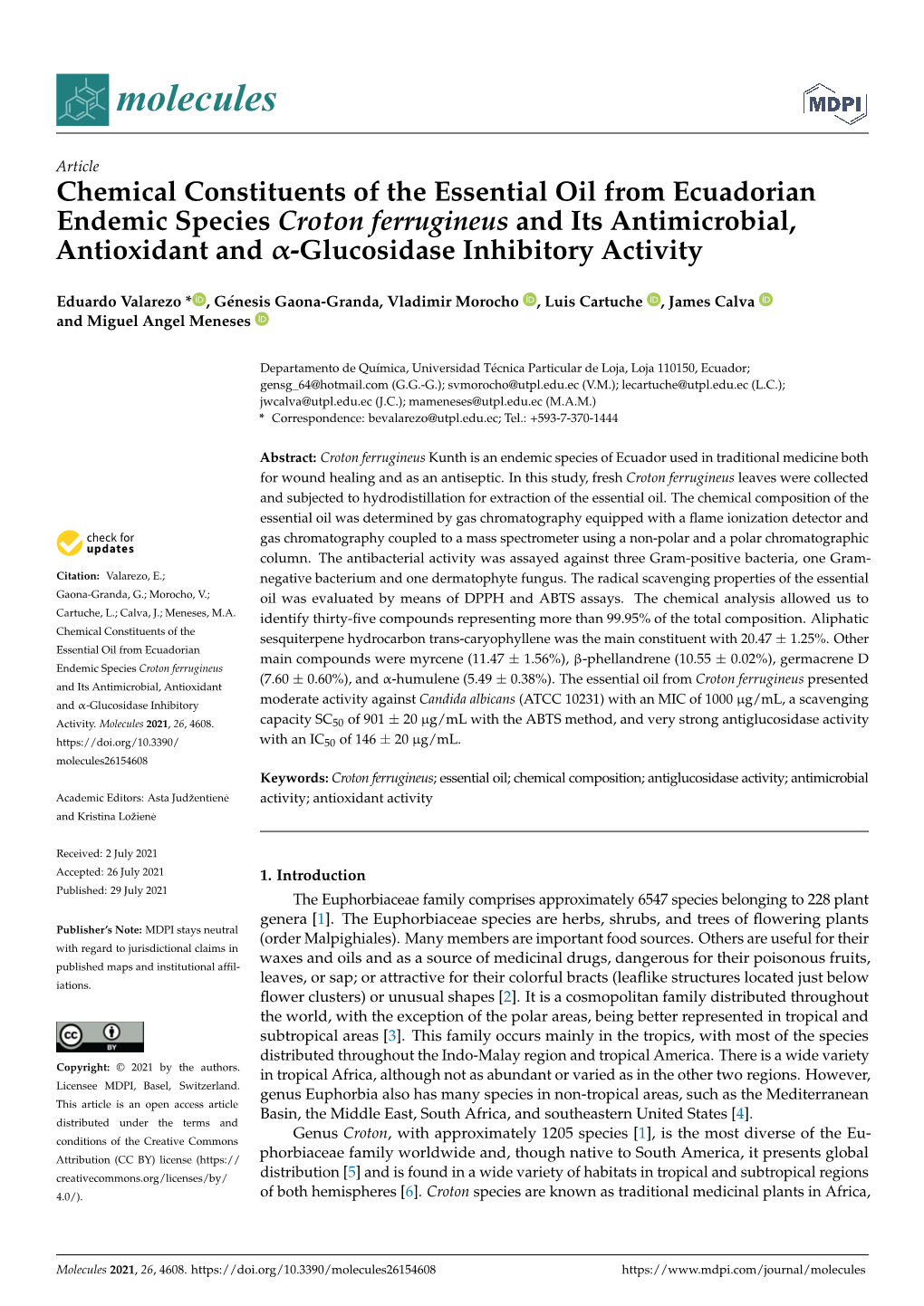 Chemical Constituents of the Essential Oil from Ecuadorian Endemic Species Croton Ferrugineus and Its Antimicrobial, Antioxidant and Α-Glucosidase Inhibitory Activity