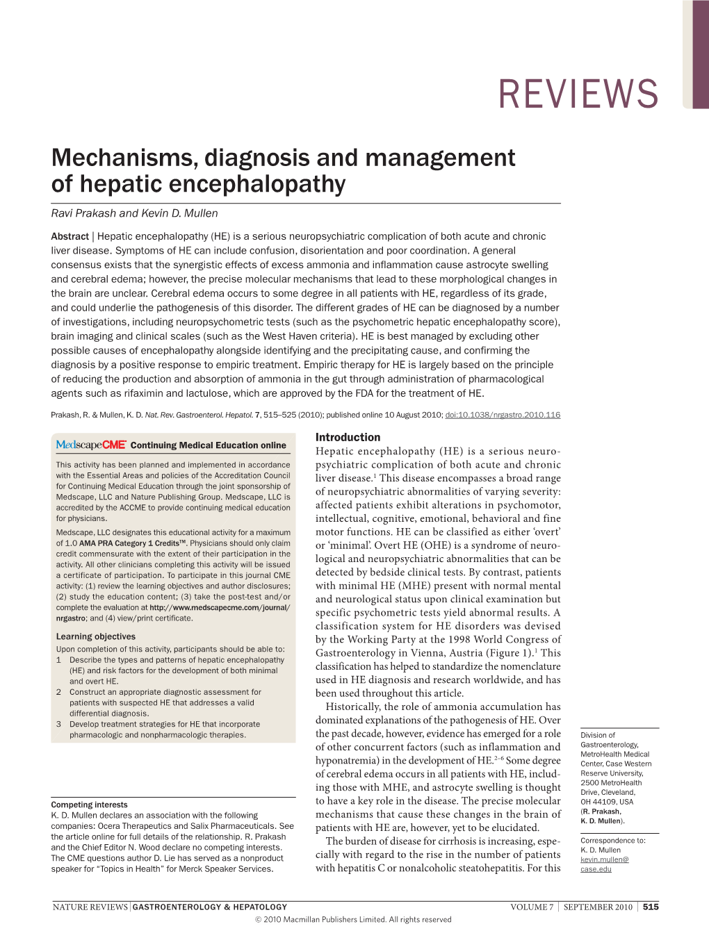 Mechanisms, Diagnosis and Management of Hepatic Encephalopathy Ravi Prakash and Kevin D