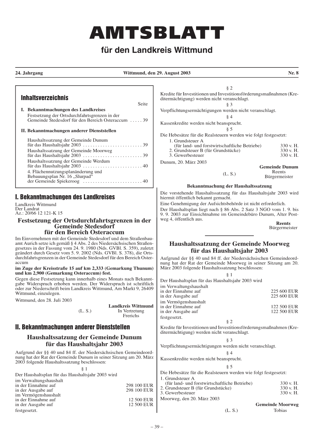 AMTSBLATT Für Den Landkreis Wittmund