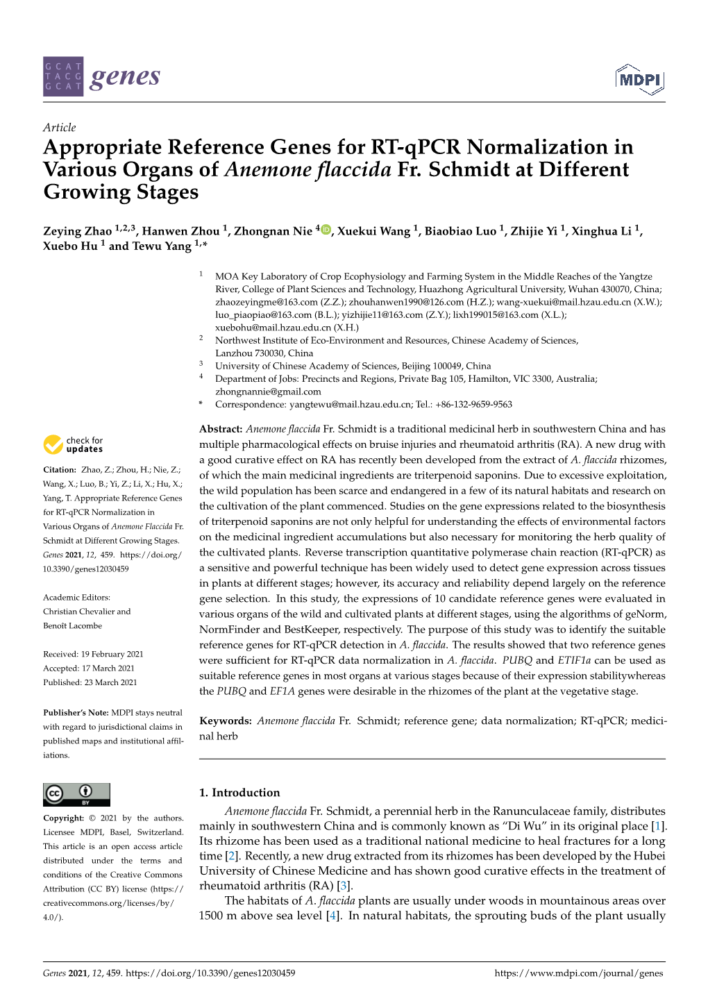 Appropriate Reference Genes for RT-Qpcr Normalization in Various Organs of Anemone ﬂaccida Fr