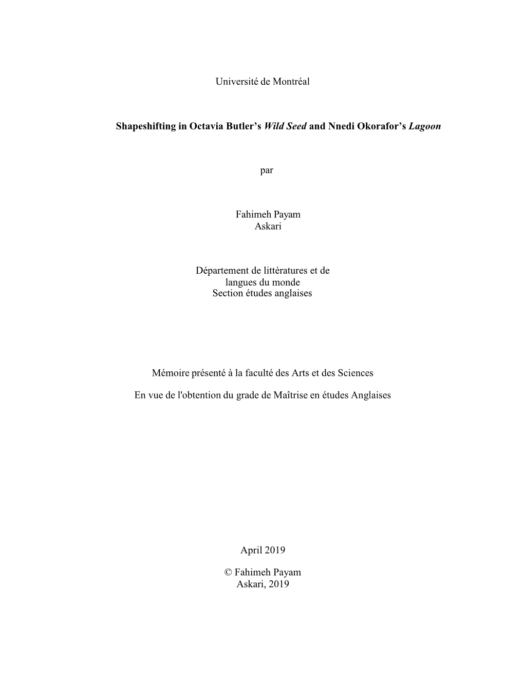 Université De Montréal Shapeshifting in Octavia Butler's Wild Seed And