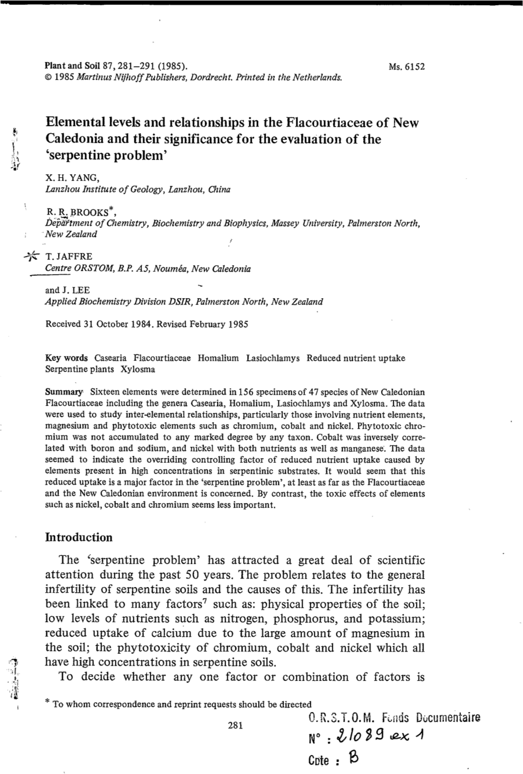 Elemental Levels and Relationships in the Flacourtiaceae of New Caledonia and Their Significance for the Evaluation of the Serpe