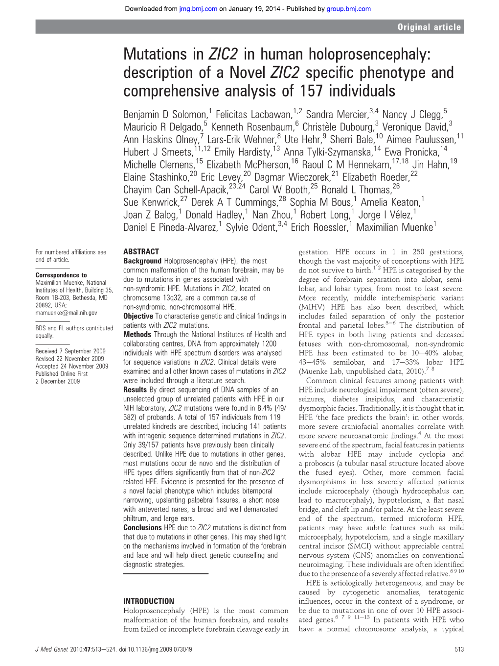 Mutations in ZIC2 in Human Holoprosencephaly