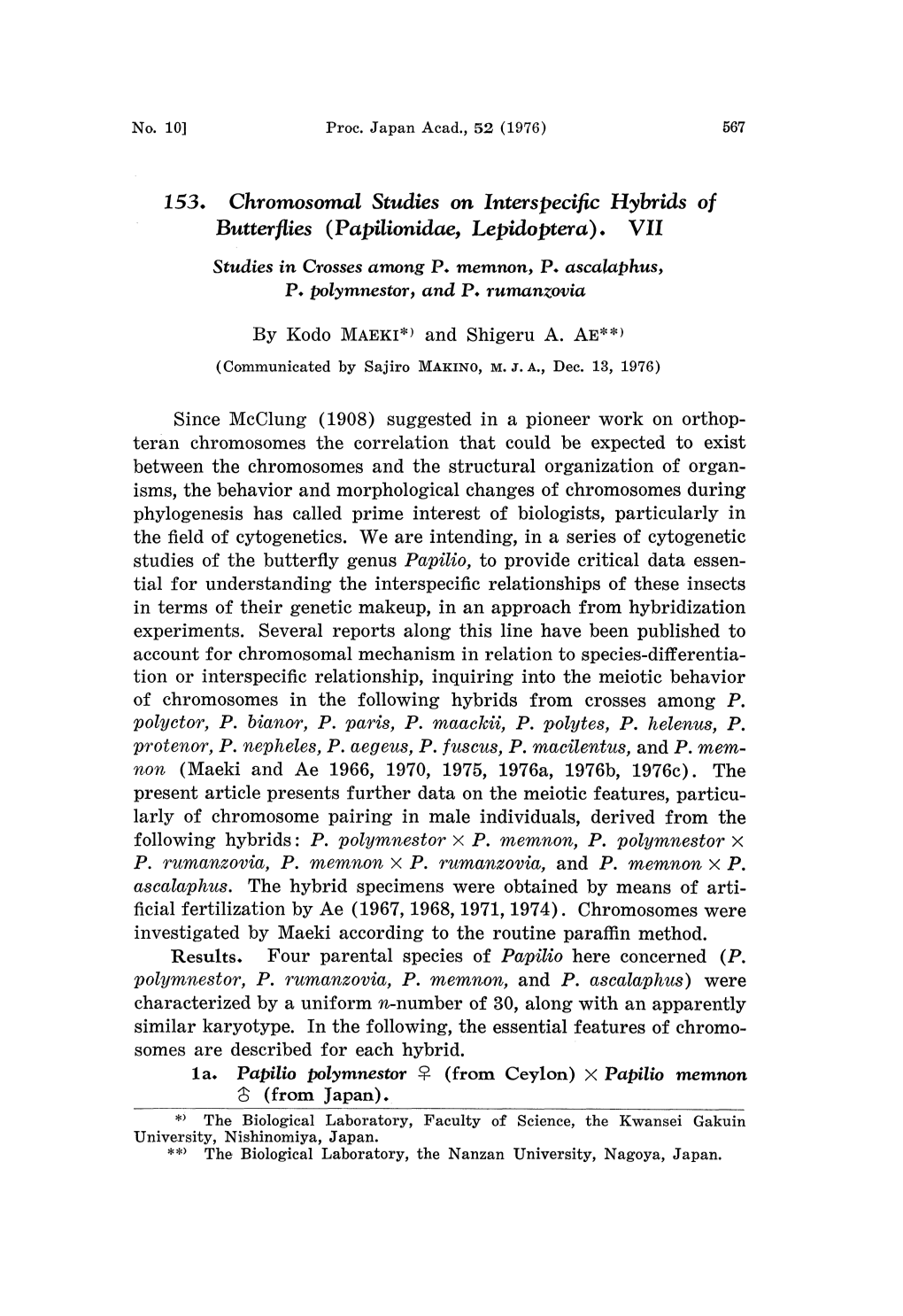 Chromosomal Studies on Interspeci Fic Hybrids of Butterflies (Papilionidae, Lepidoptera)