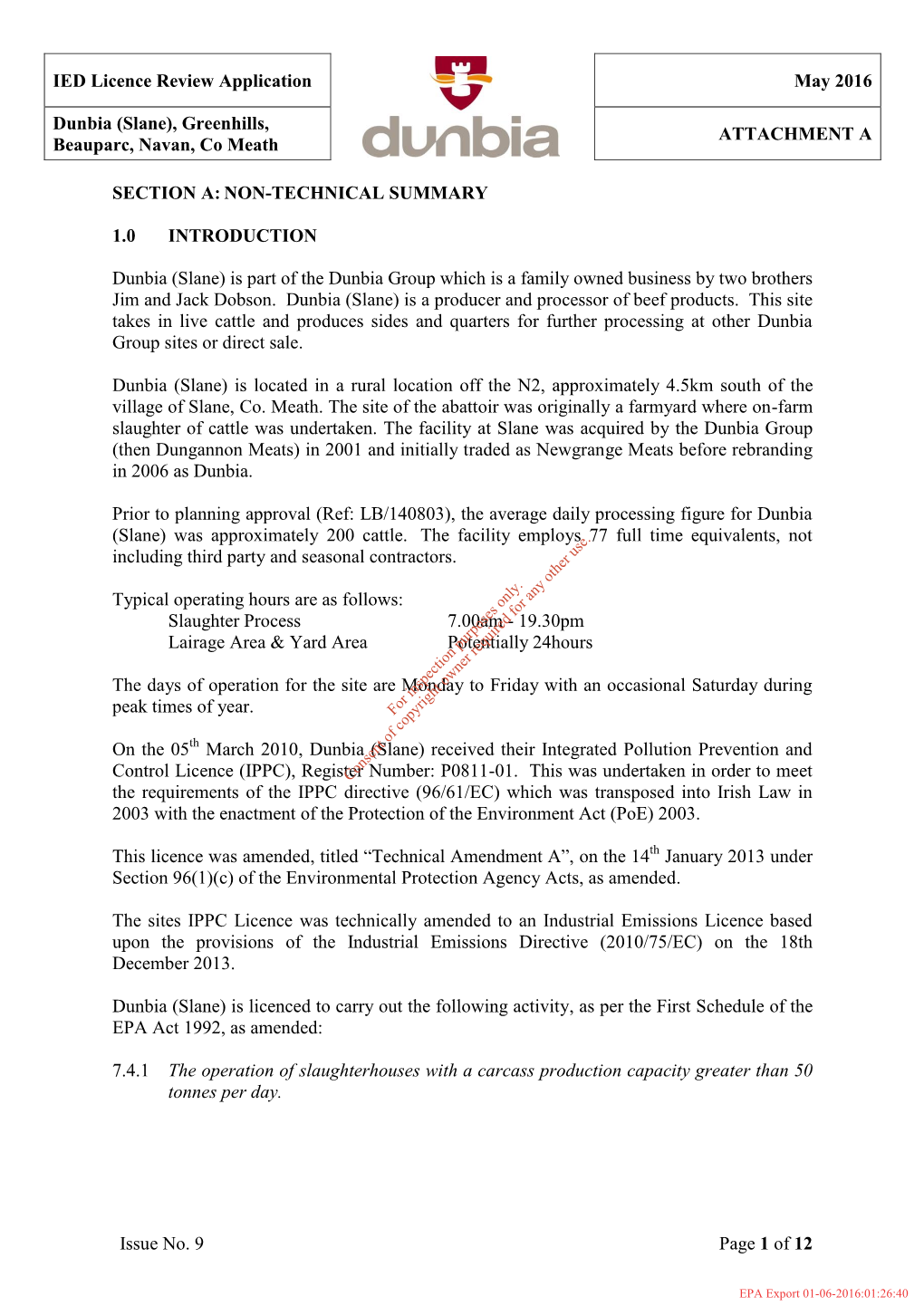 IED Licence Review Application May 2016 Dunbia (Slane), Greenhills, Beauparc, Navan, Co Meath ATTACHMENT a Page 1 of 12 Issue No