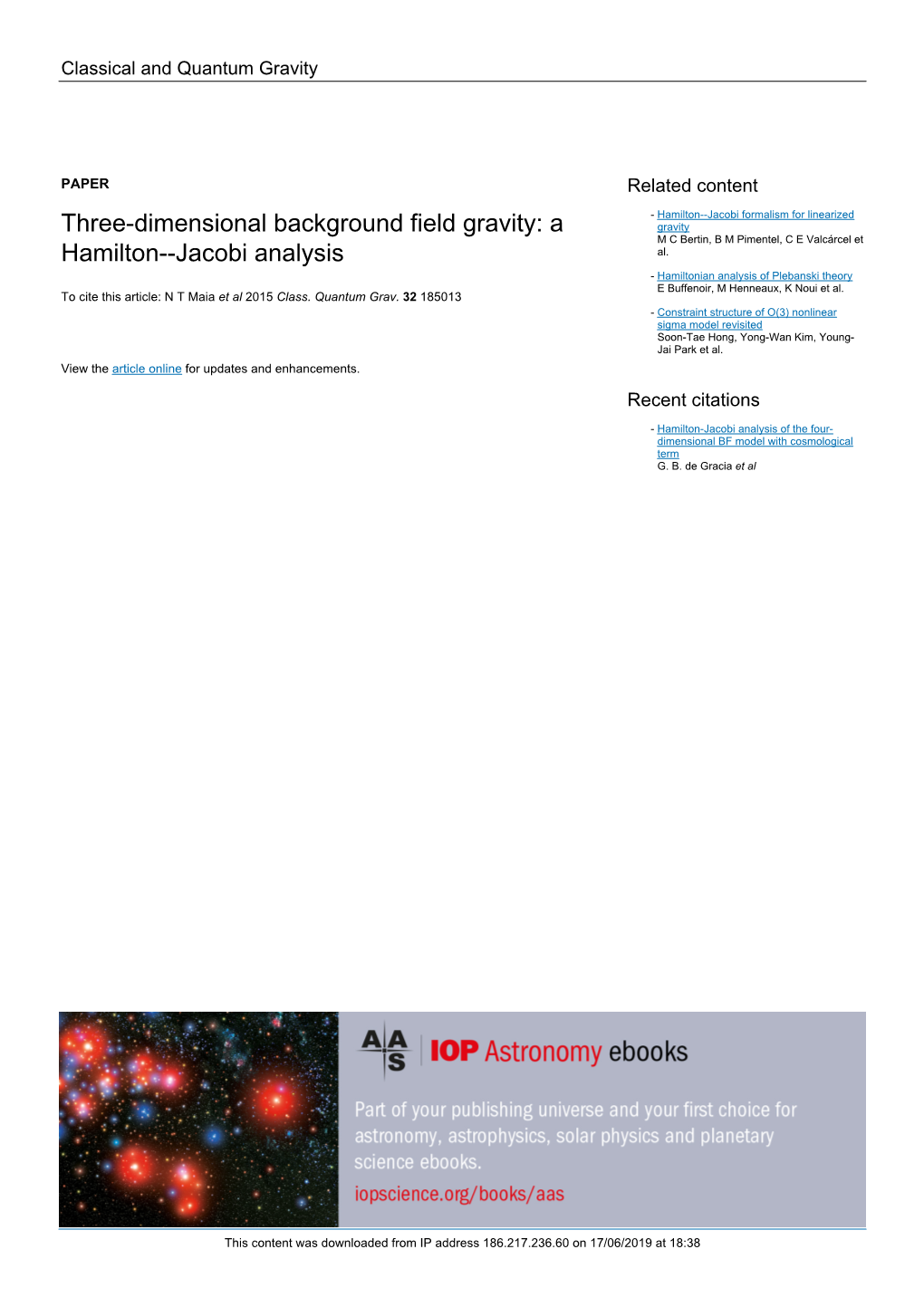 Three-Dimensional Background Field Gravity: a Hamilton--Jacobi Analysis