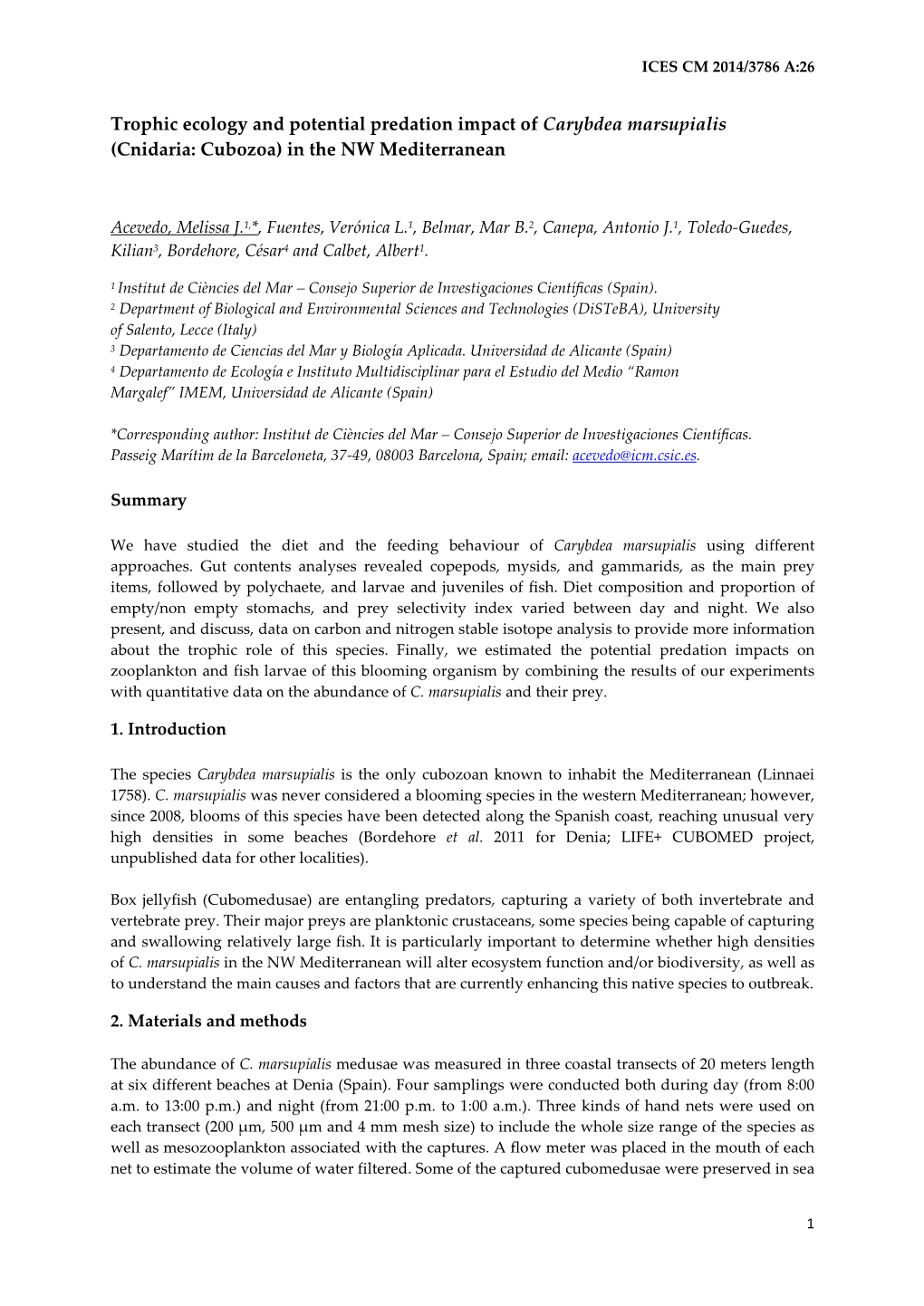 Trophic Ecology and Potential Predation Impact of Carybdea Marsupialis (Cnidaria: Cubozoa) in the NW Mediterranean