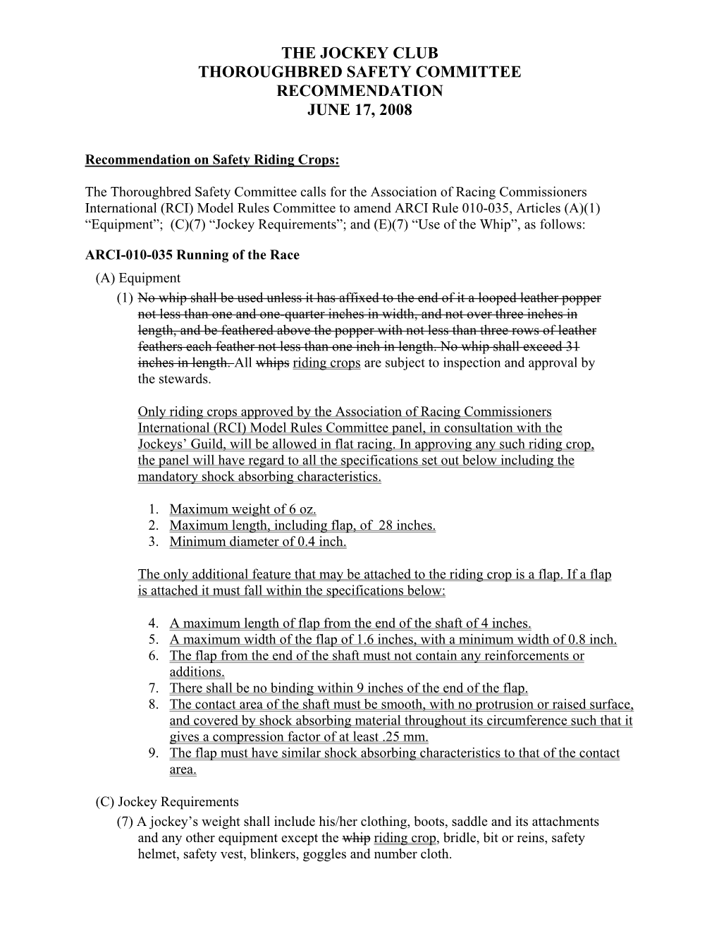 The Jockey Club Thoroughbred Safety Committee Recommendation June 17, 2008