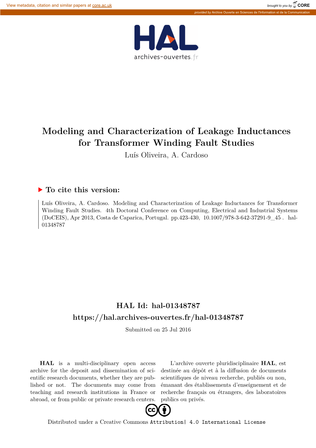 Modeling and Characterization of Leakage Inductances for Transformer Winding Fault Studies Luís Oliveira, A