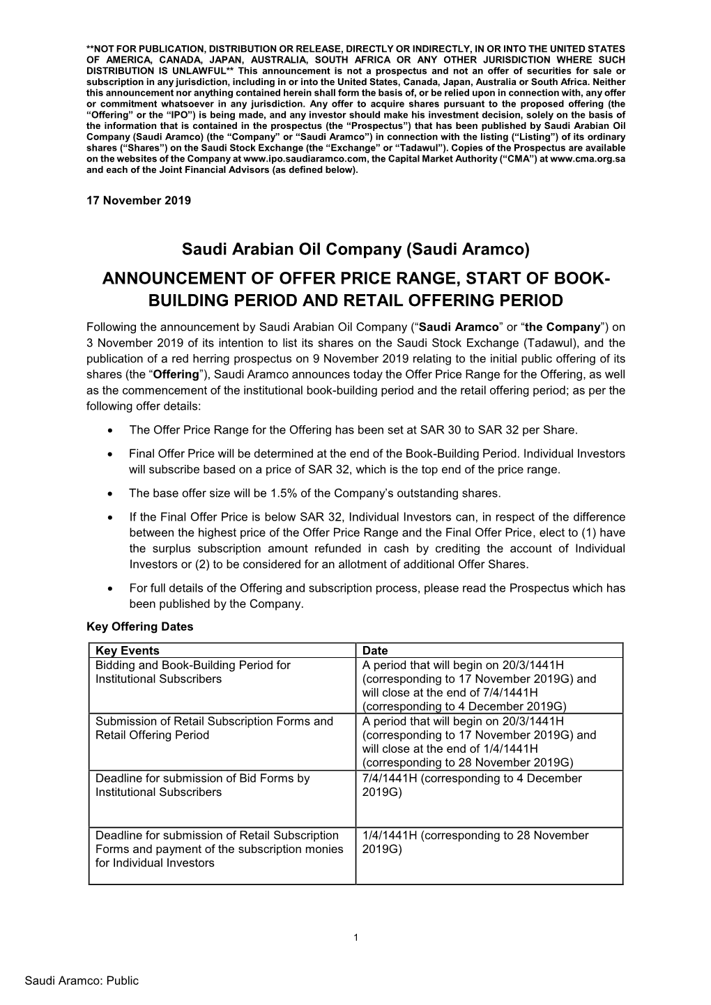 (Saudi Aramco) ANNOUNCEMENT of OFFER PRICE RANGE, START