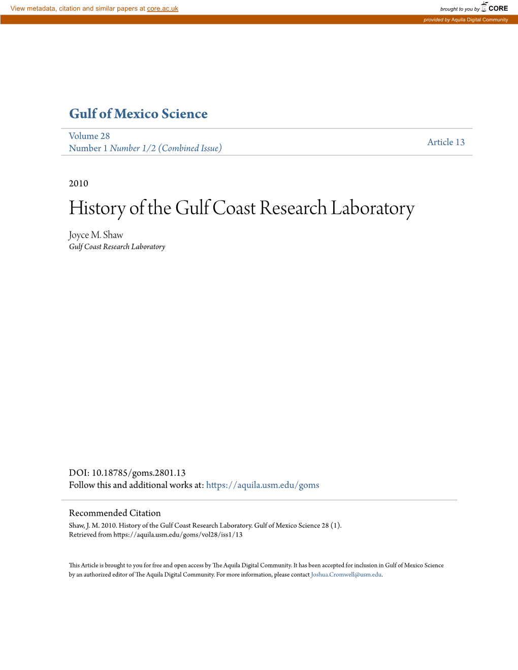 History of the Gulf Coast Research Laboratory Joyce M