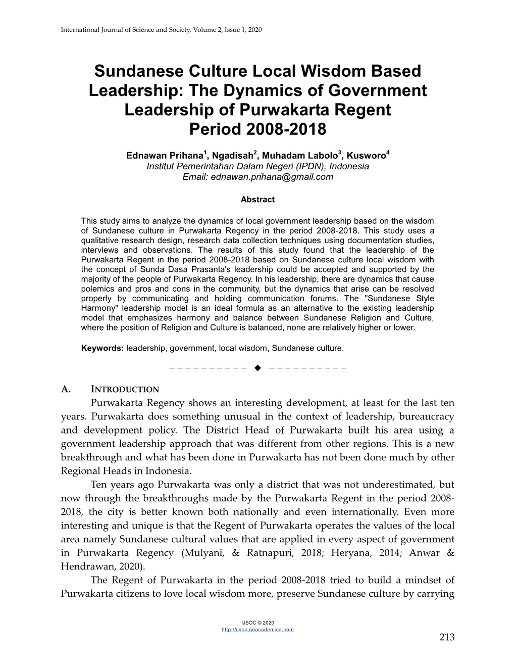 Sundanese Culture Local Wisdom Based Leadership: the Dynamics of Government Leadership of Purwakarta Regent Period 2008-2018