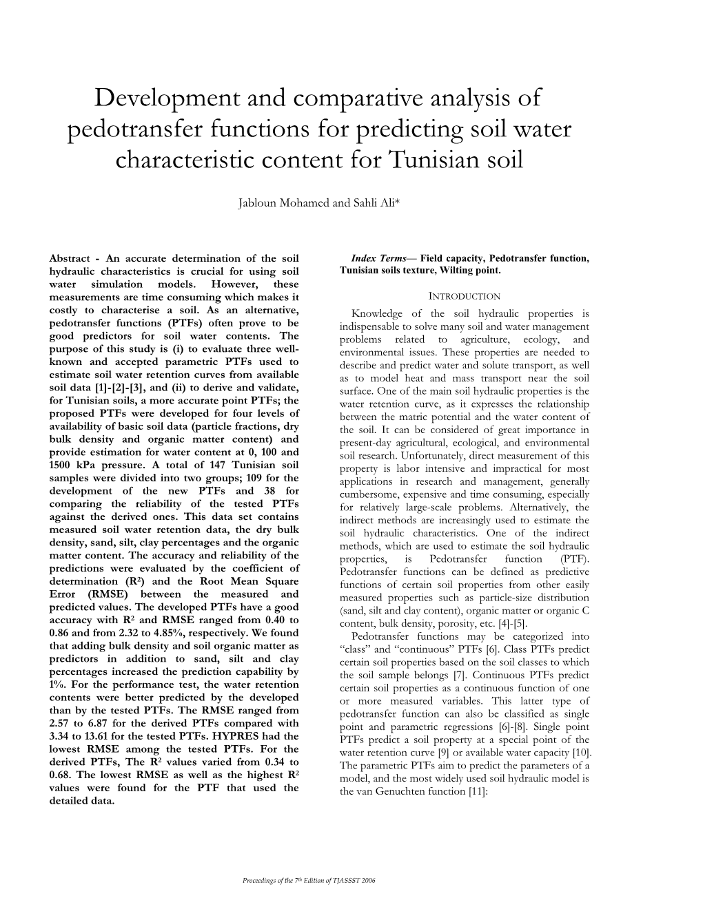 Development and Comparative Analysis of Pedotransfer Functions for Predicting Soil Water Characteristic Content for Tunisian Soil