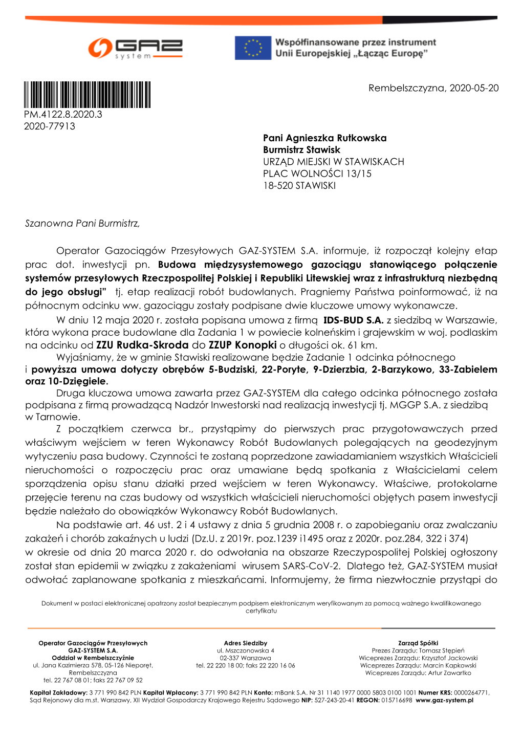 PM.4122.8.2020.3 2020-77913 Pani Agnieszka Rutkowska Burmistrz Stawisk URZĄD MIEJSKI W STAWISKACH PLAC WOLNOŚCI 13/15 18-520 STAWISKI