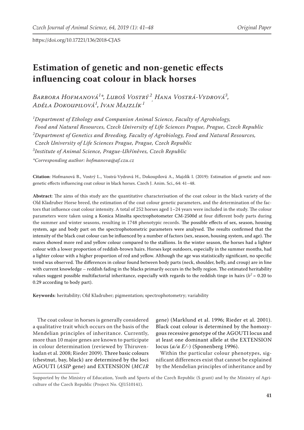 Estimation of Genetic and Non-Genetic Effects Influencing Coat Colour in Black Horses