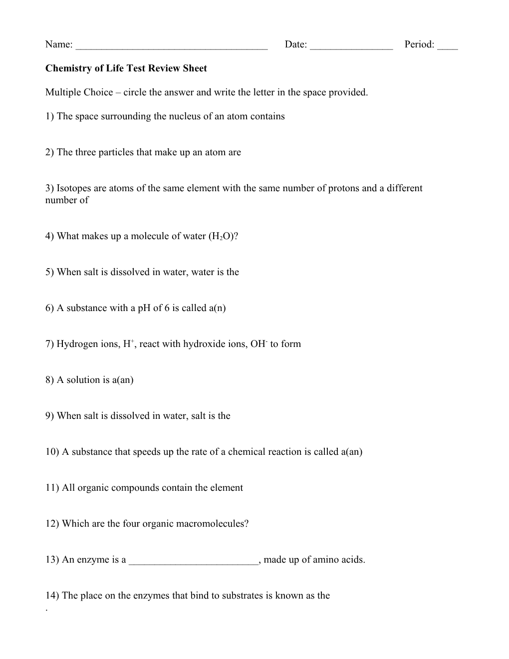 Chemistry of Life Test