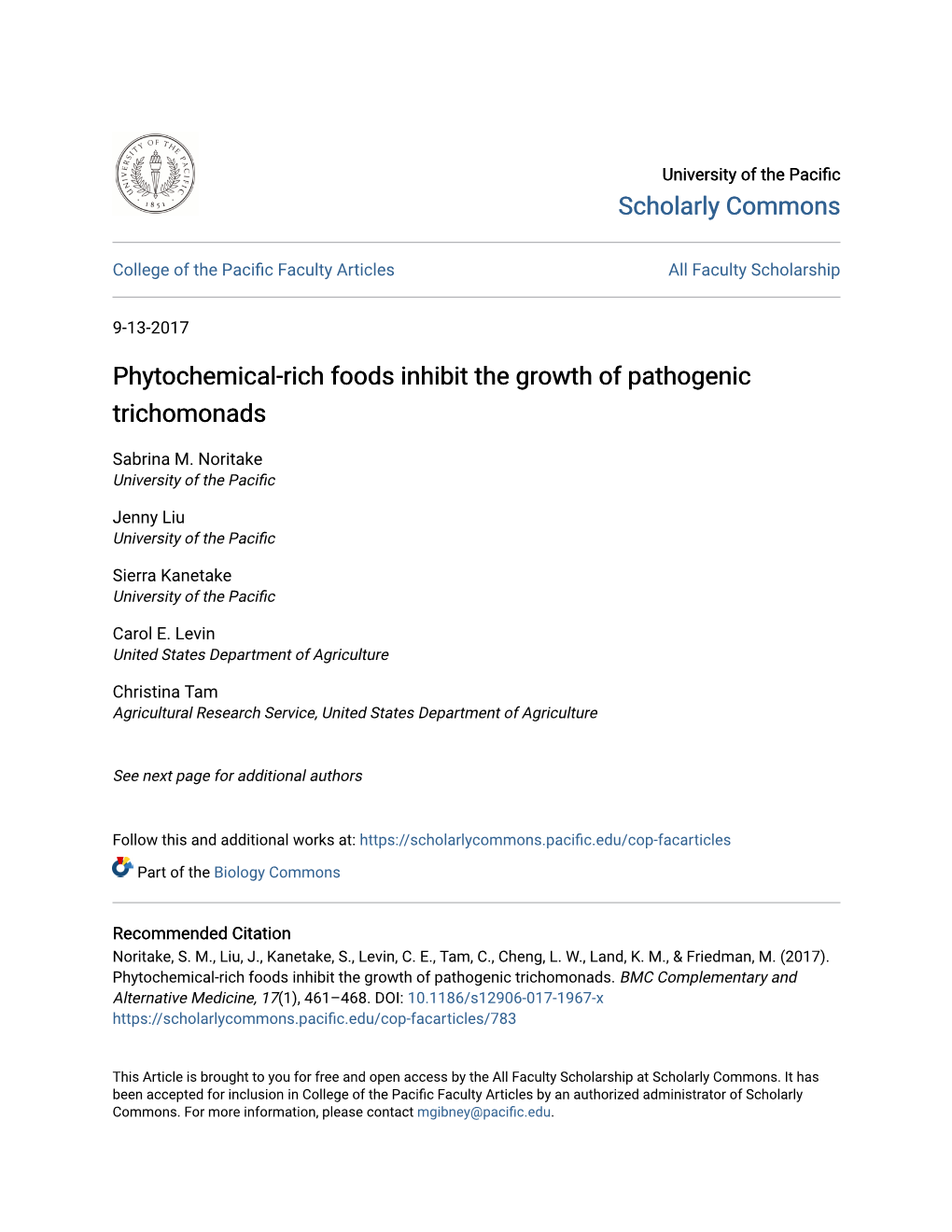 Phytochemical-Rich Foods Inhibit the Growth of Pathogenic Trichomonads