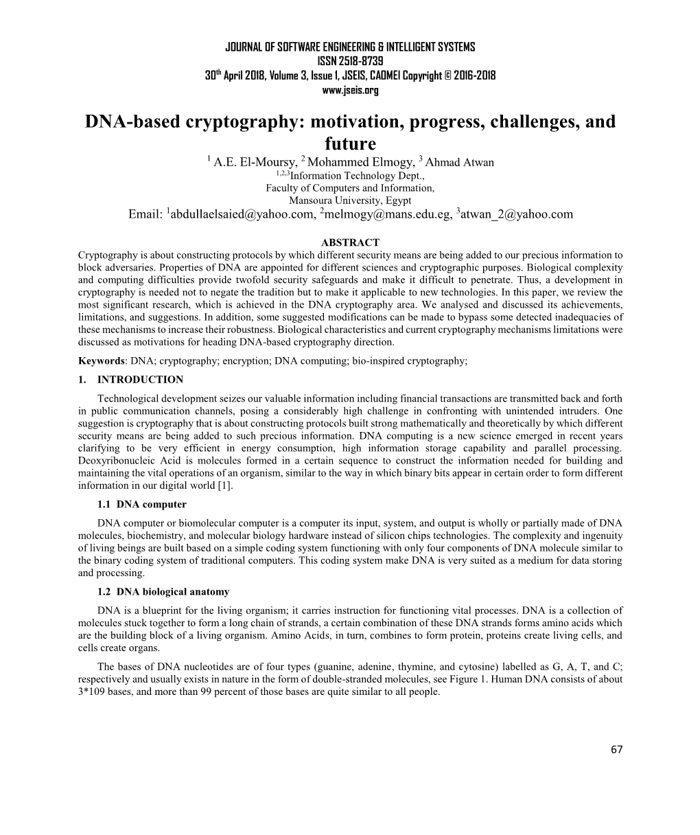 DNA-Based Cryptography: Motivation, Progress, Challenges, and Future 1 A.E