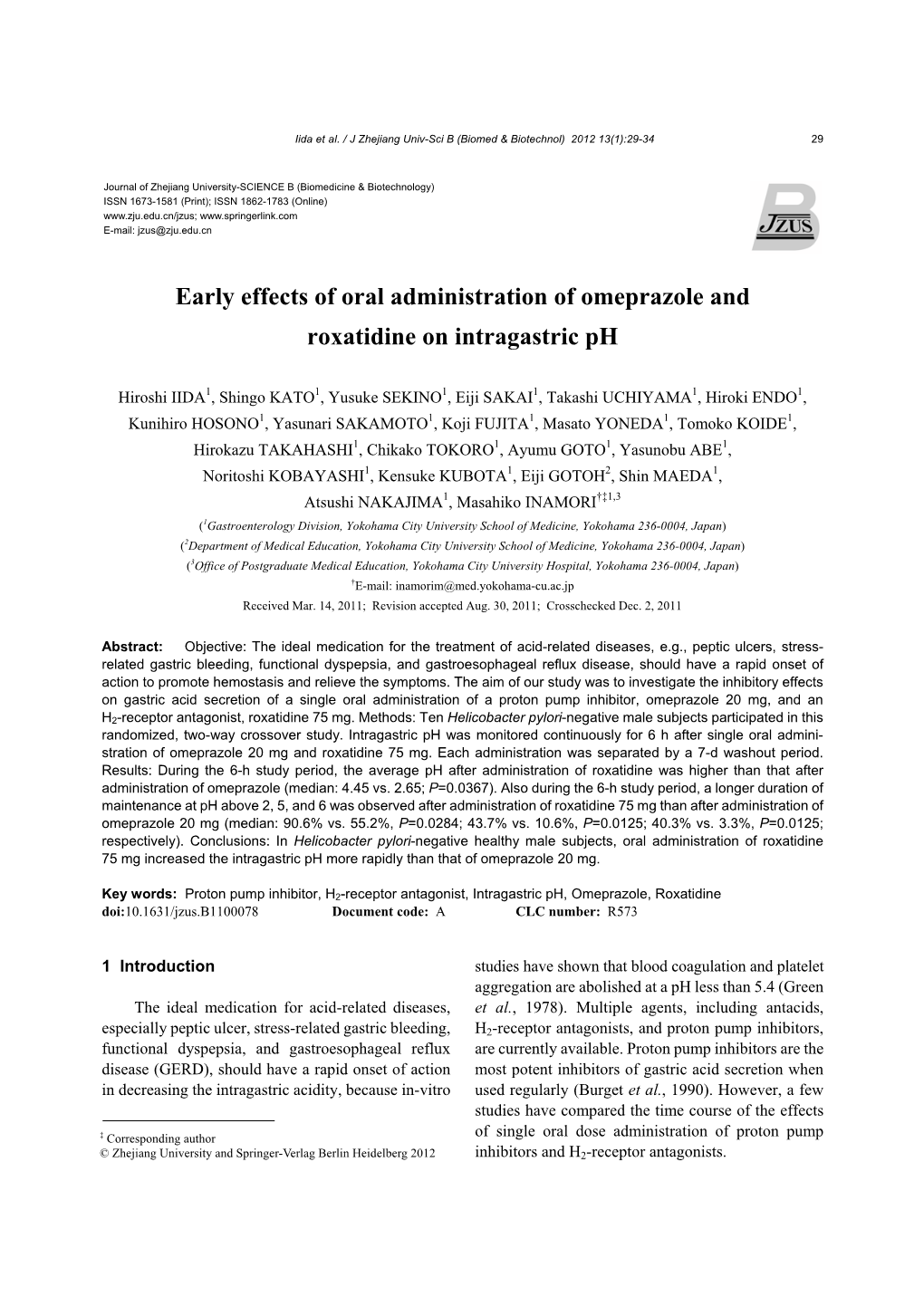 Early Effects of Oral Administration of Omeprazole and Roxatidine on Intragastric Ph