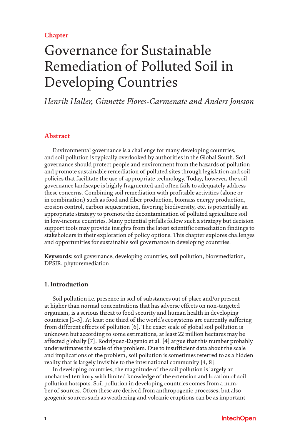 Governance for Sustainable Remediation of Polluted Soil in Developing Countries Henrik Haller, Ginnette Flores-Carmenate and Anders Jonsson