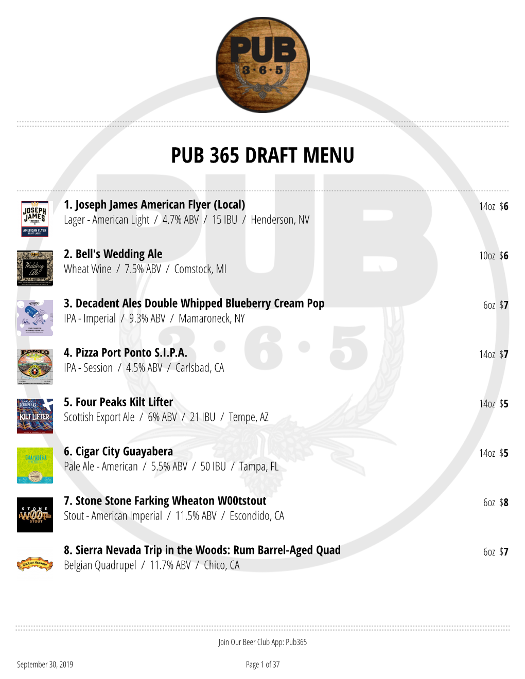 Pub 365 Draft Menu