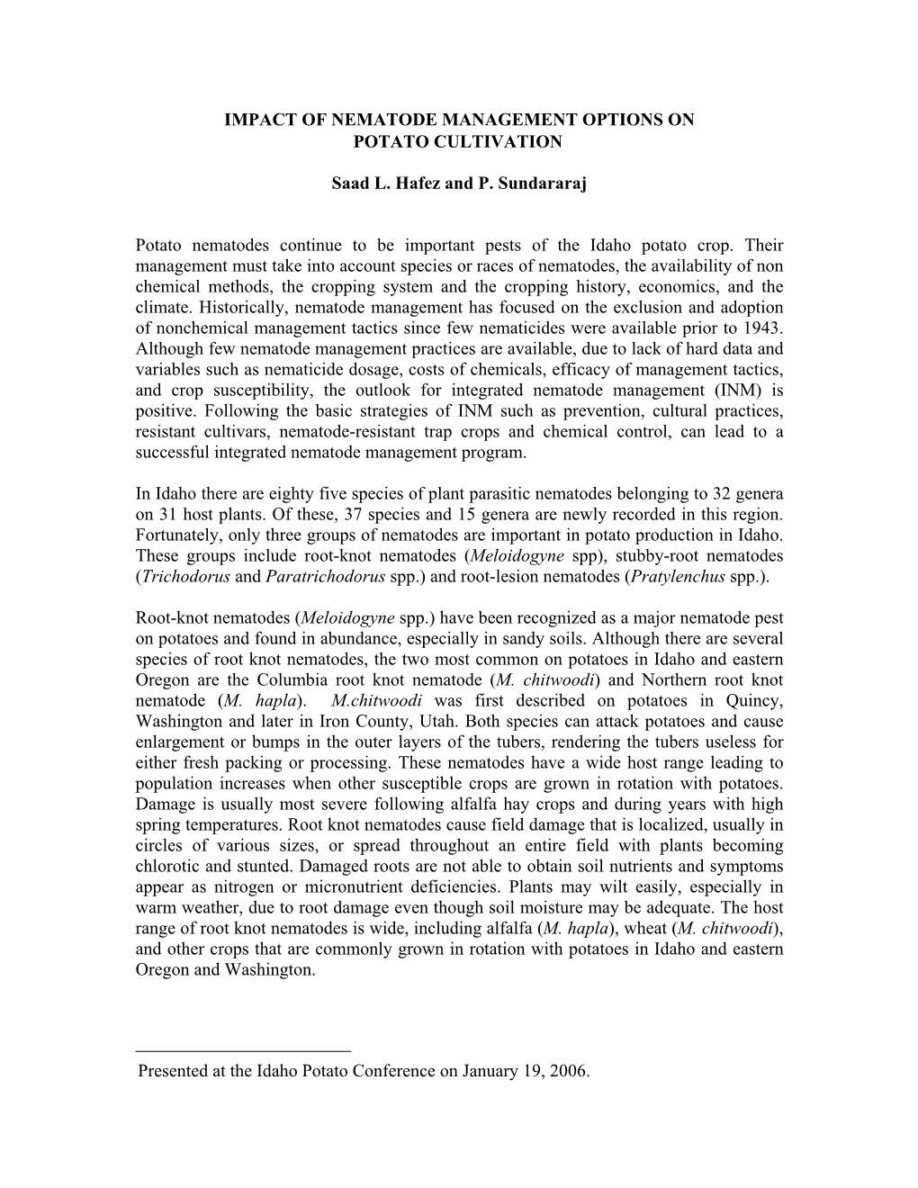 Impact of Nematode Management Options on Potato Cultivation (Pdf)