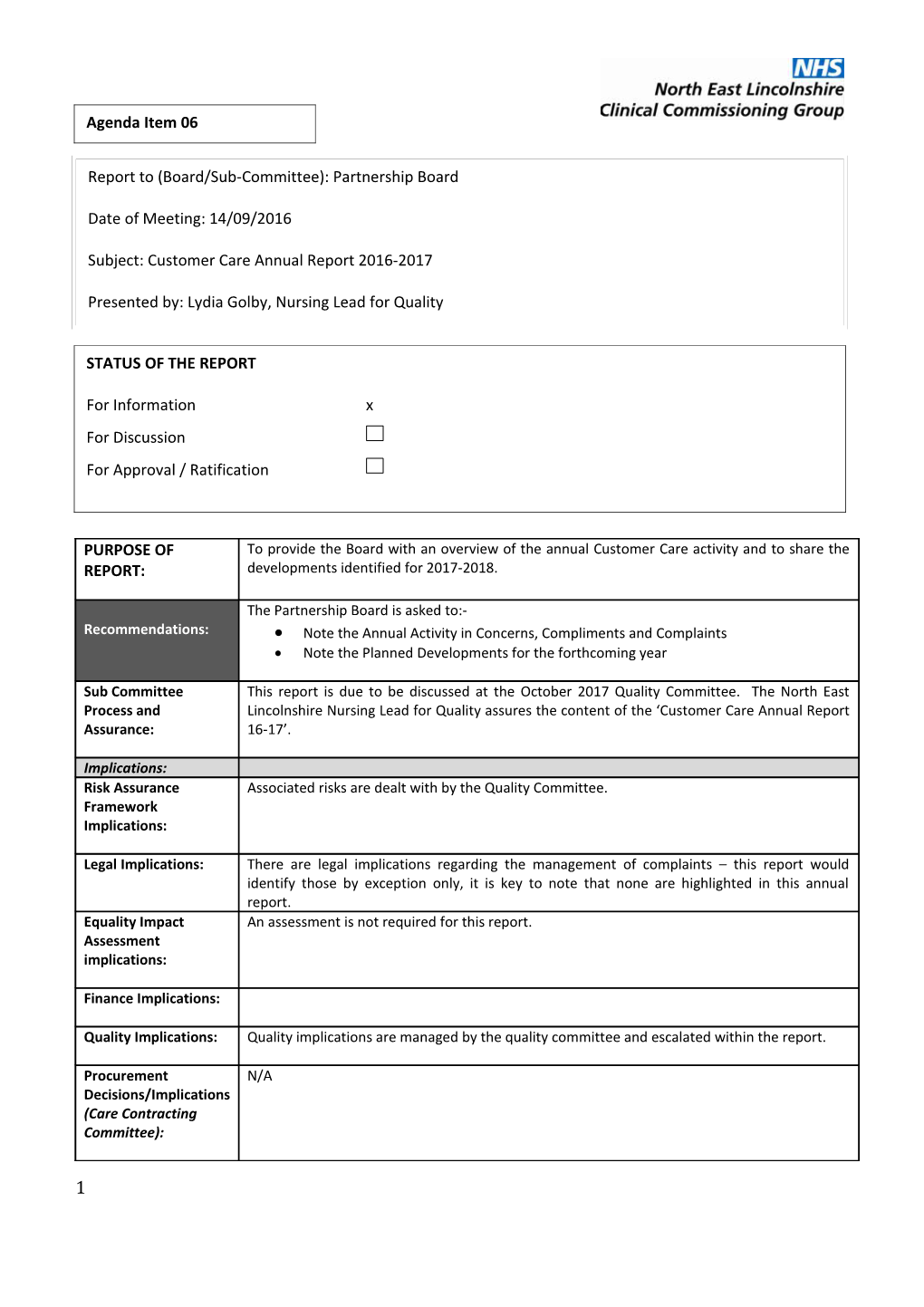 Note the Annual Activity in Concerns, Compliments and Complaints