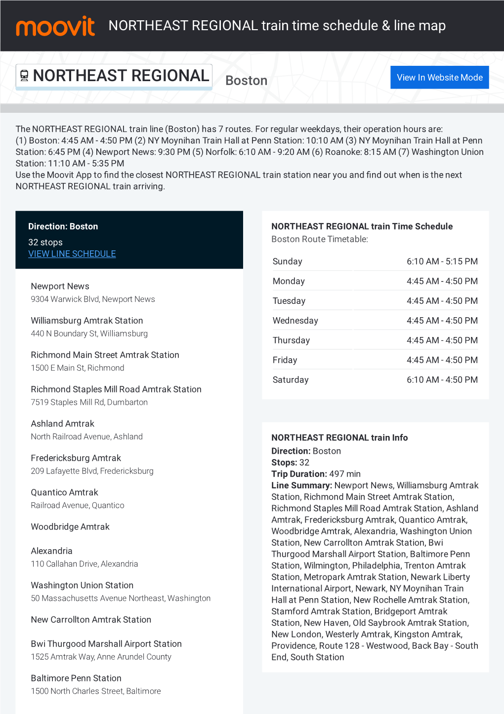 NORTHEAST REGIONAL Train Time Schedule & Line Route