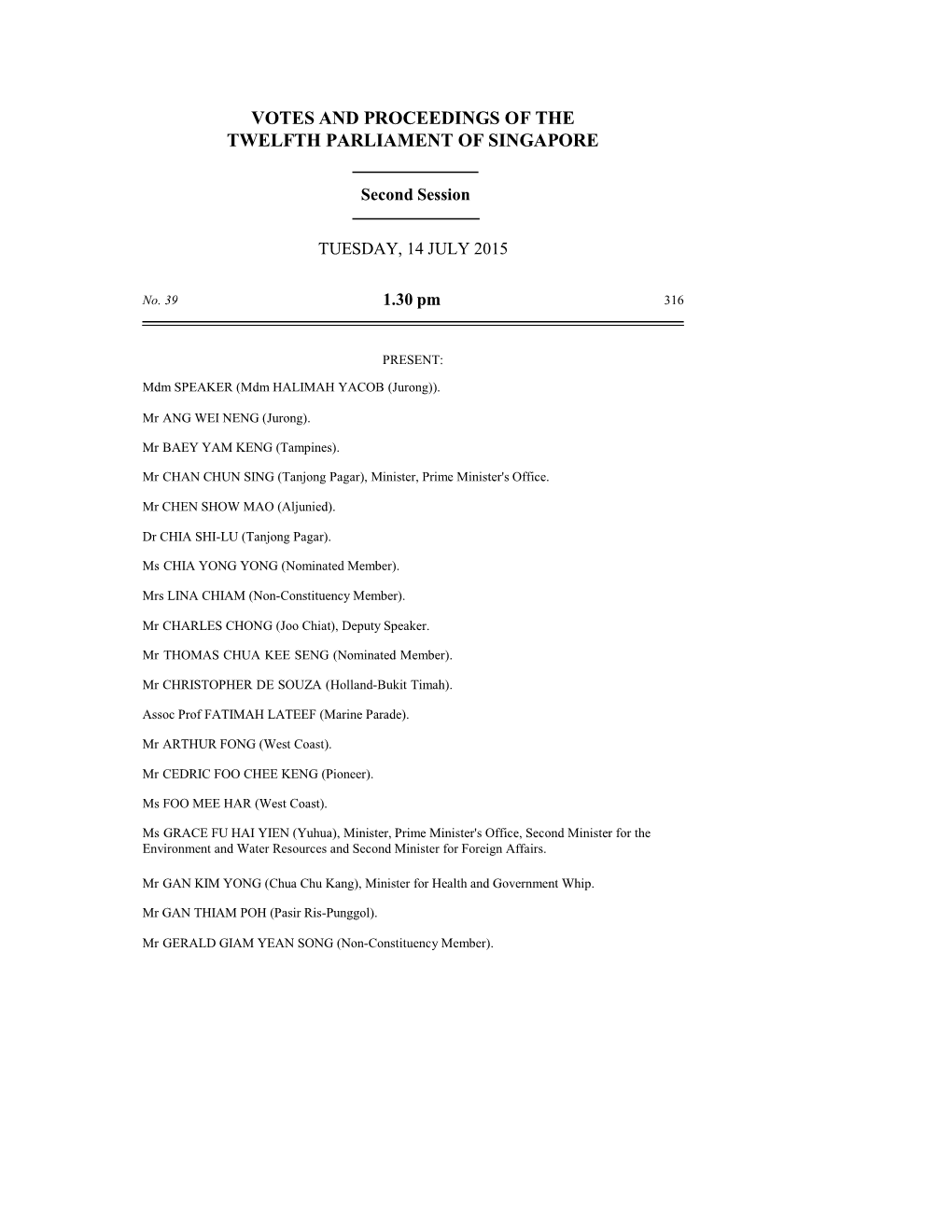 Votes and Proceedings of the Twelfth Parliament of Singapore