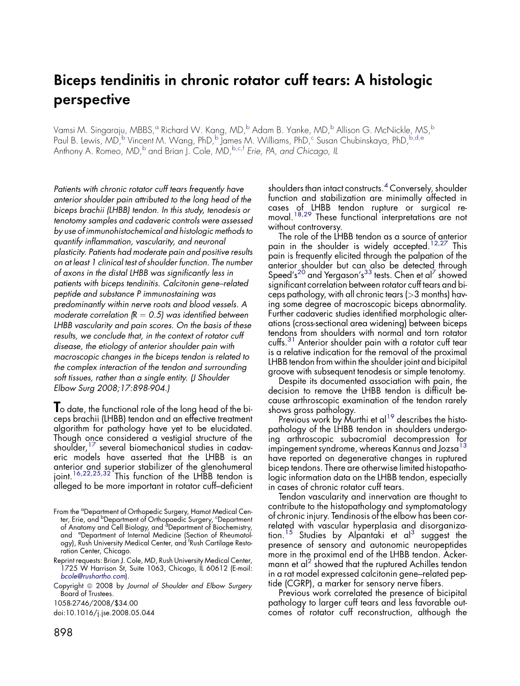 Biceps Tendinitis in Chronic Rotator Cuff Tears: a Histologic Perspective