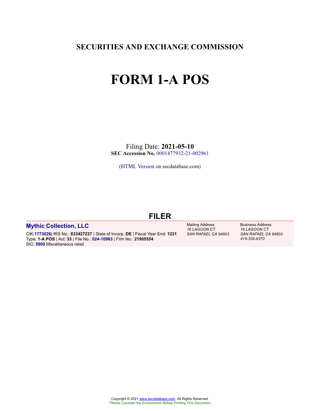 Mythic Collection, LLC Form 1-A POS Filed 2021-05
