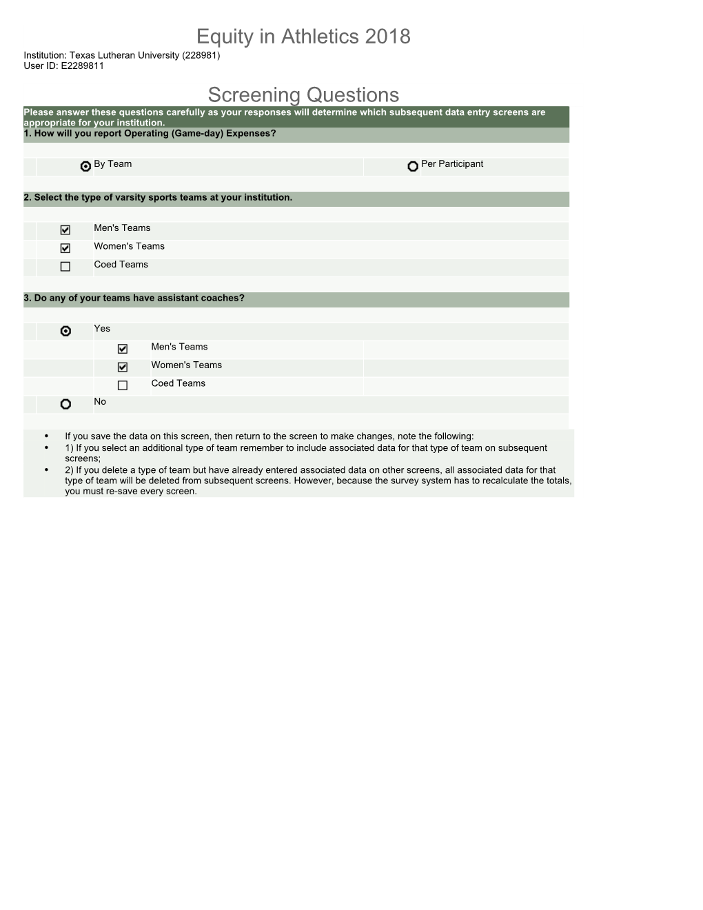 Equity in Athletics 2018 Screening Questions