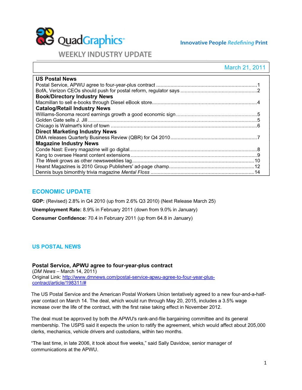 ECONOMIC UPDATE March 21, 2011