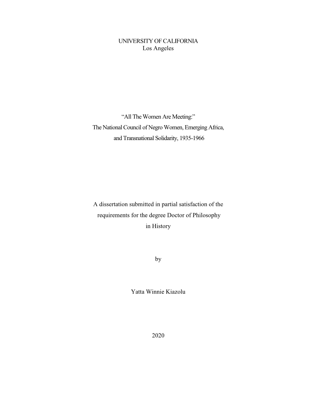 The National Council of Negro Women, Emerging Africa, and Transnational Solidarity, 1935-1966