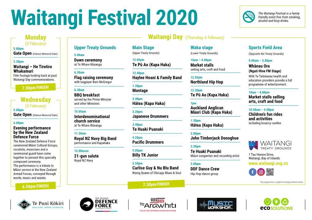 Waitangi Festival Is a Family Friendly Event Free from Smoking, Waitangi Festival 2020 Alcohol and Fizzy Drinks