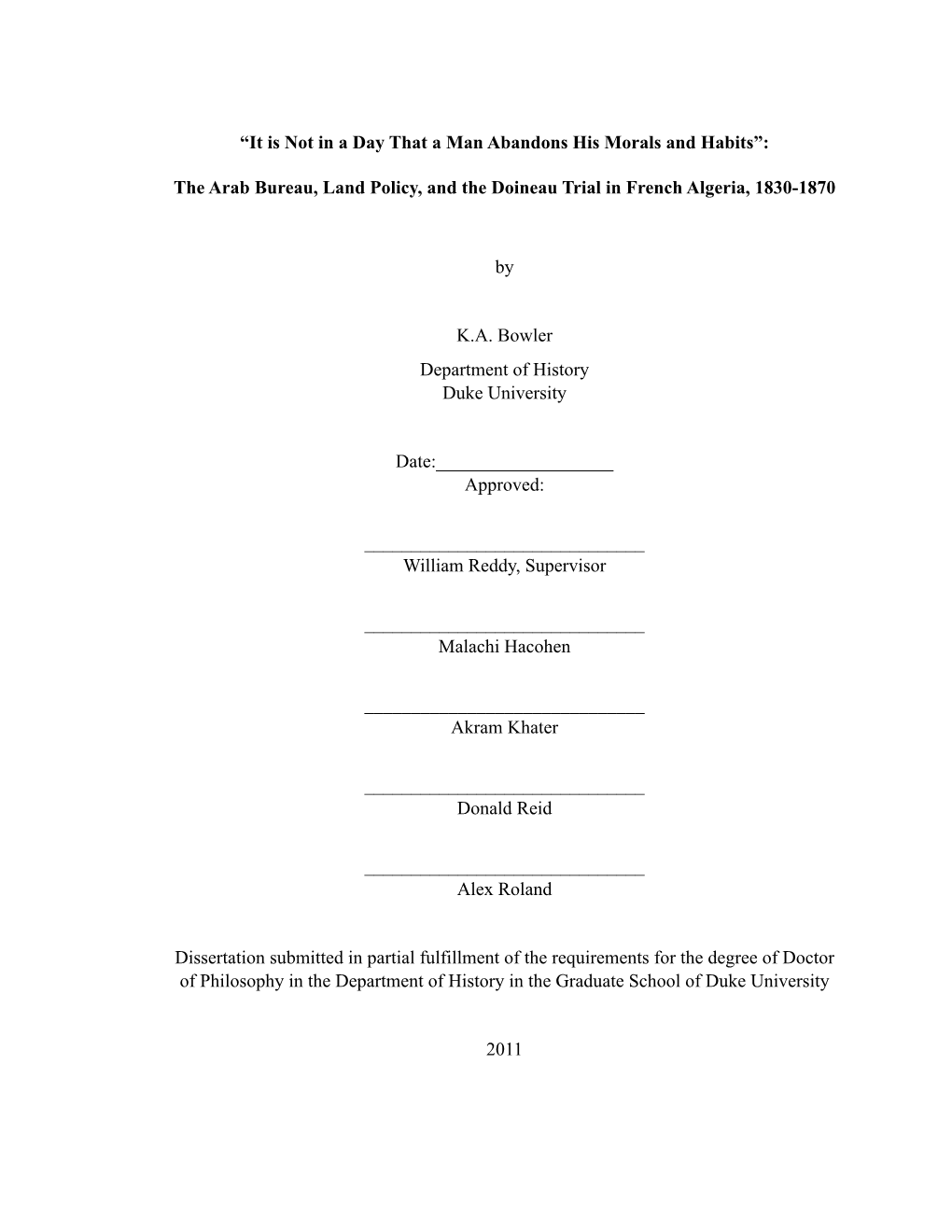 The Arab Bureau, Land Policy, and the Doineau Trial in French Algeria, 1830-1870