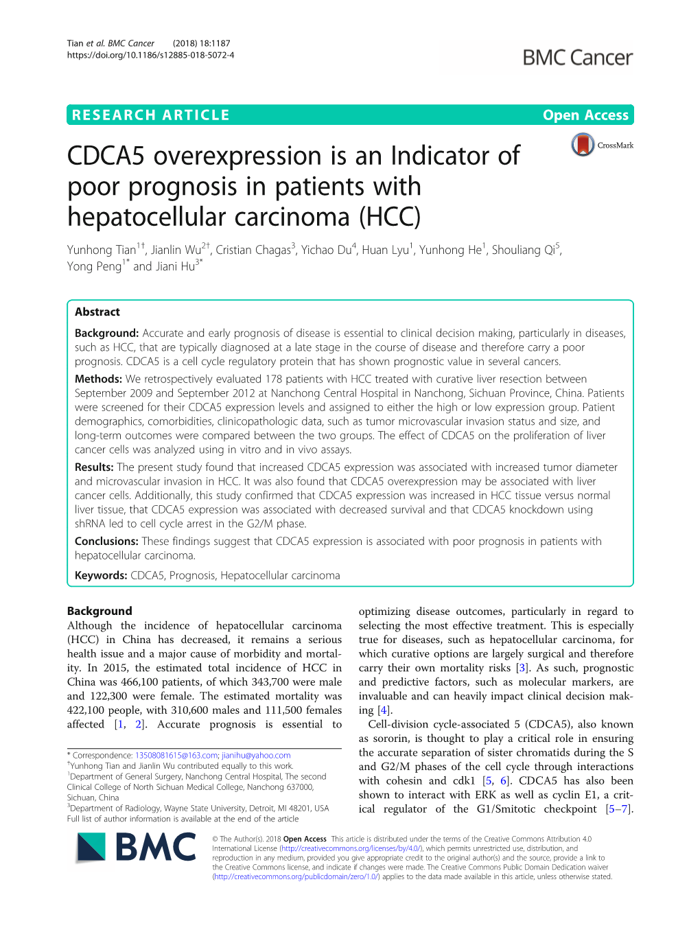 CDCA5 Overexpression Is an Indicator of Poor Prognosis in Patients with Hepatocellular Carcinoma