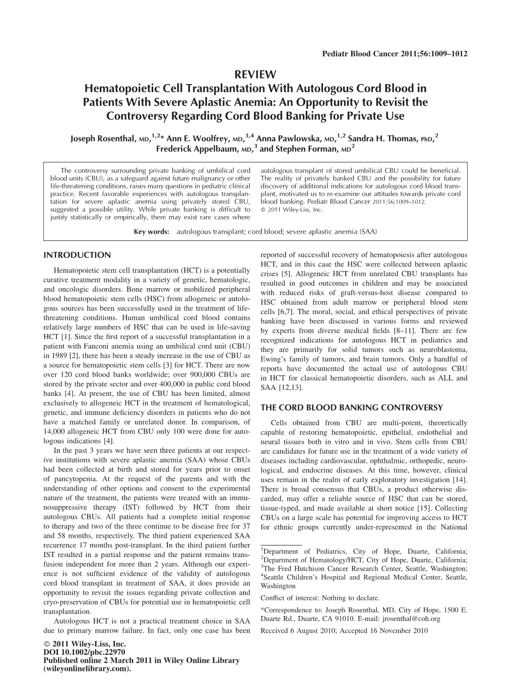 Hematopoietic Cell Transplantation with Autologous Cord Blood In