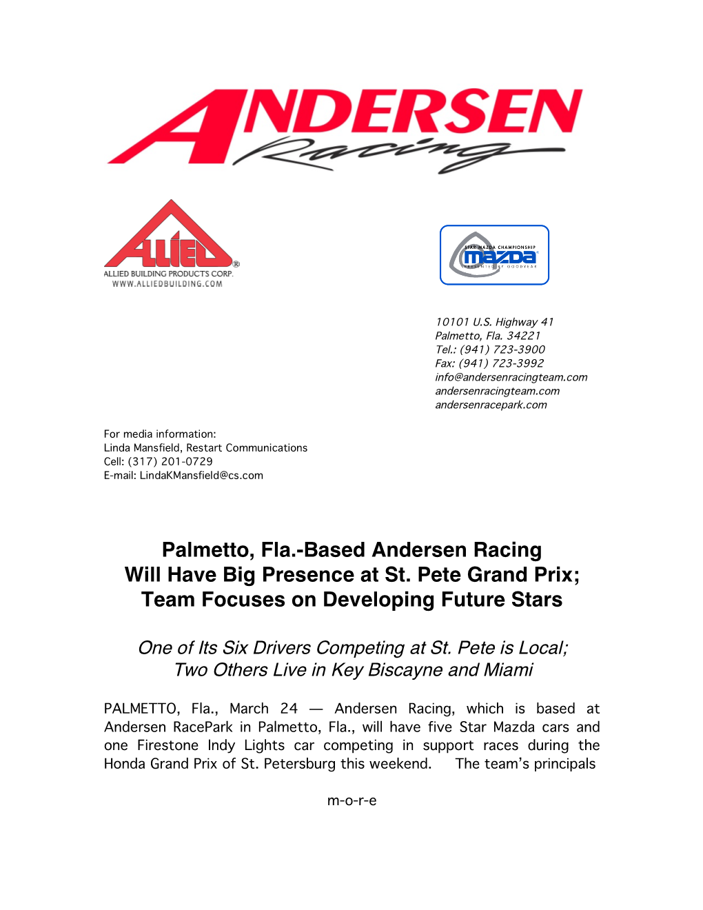 Based Andersen Racing Will Have Big Presence at St. Pete Grand Prix; Team Focuses on Developing Future Stars